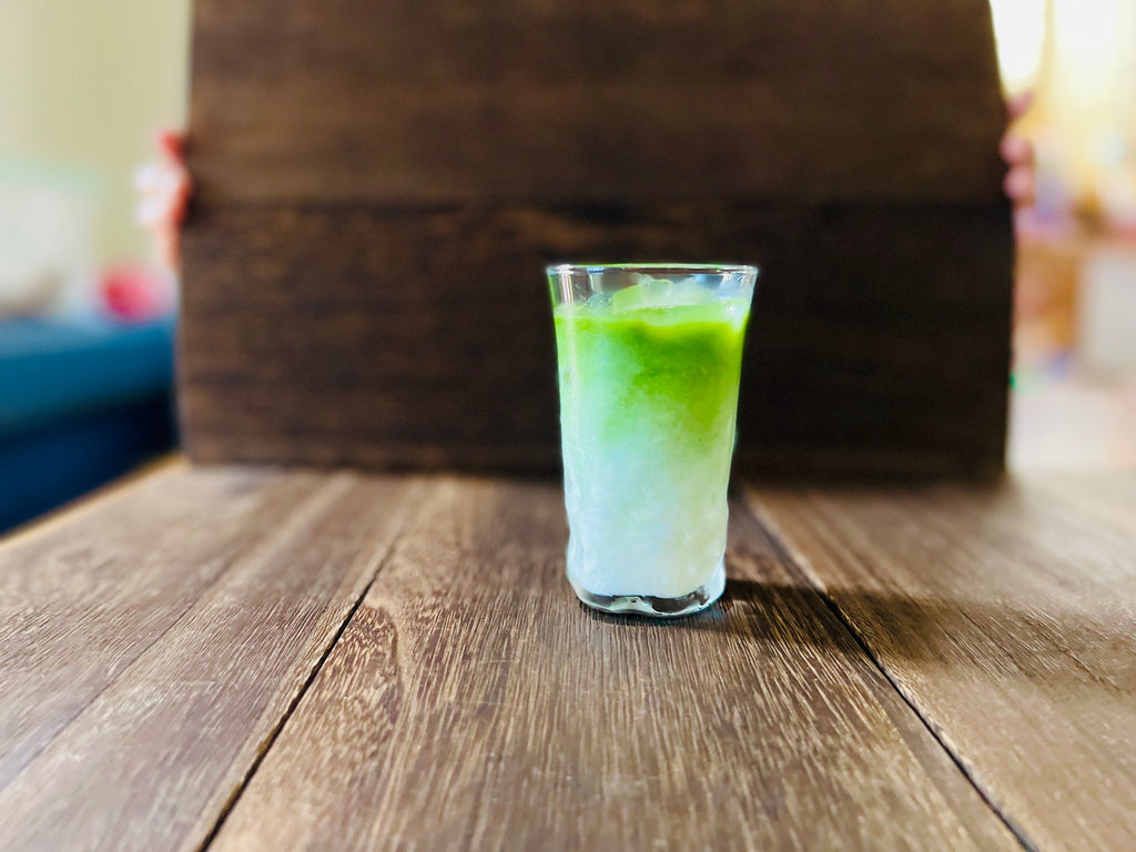Caffeine-free Kuwa Matcha latte made with Japanese mulberry leaf powder